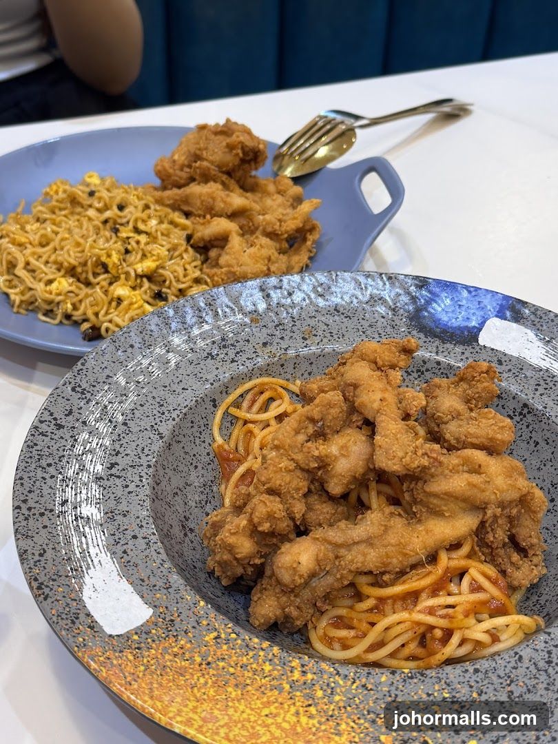 Fried Chicken with Noodles and Spaghetti