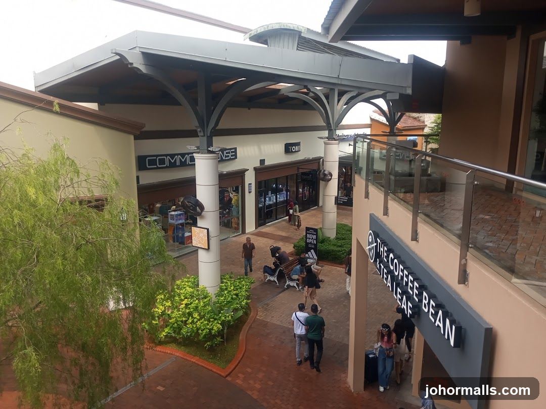 Outdoor shopping area with various stores