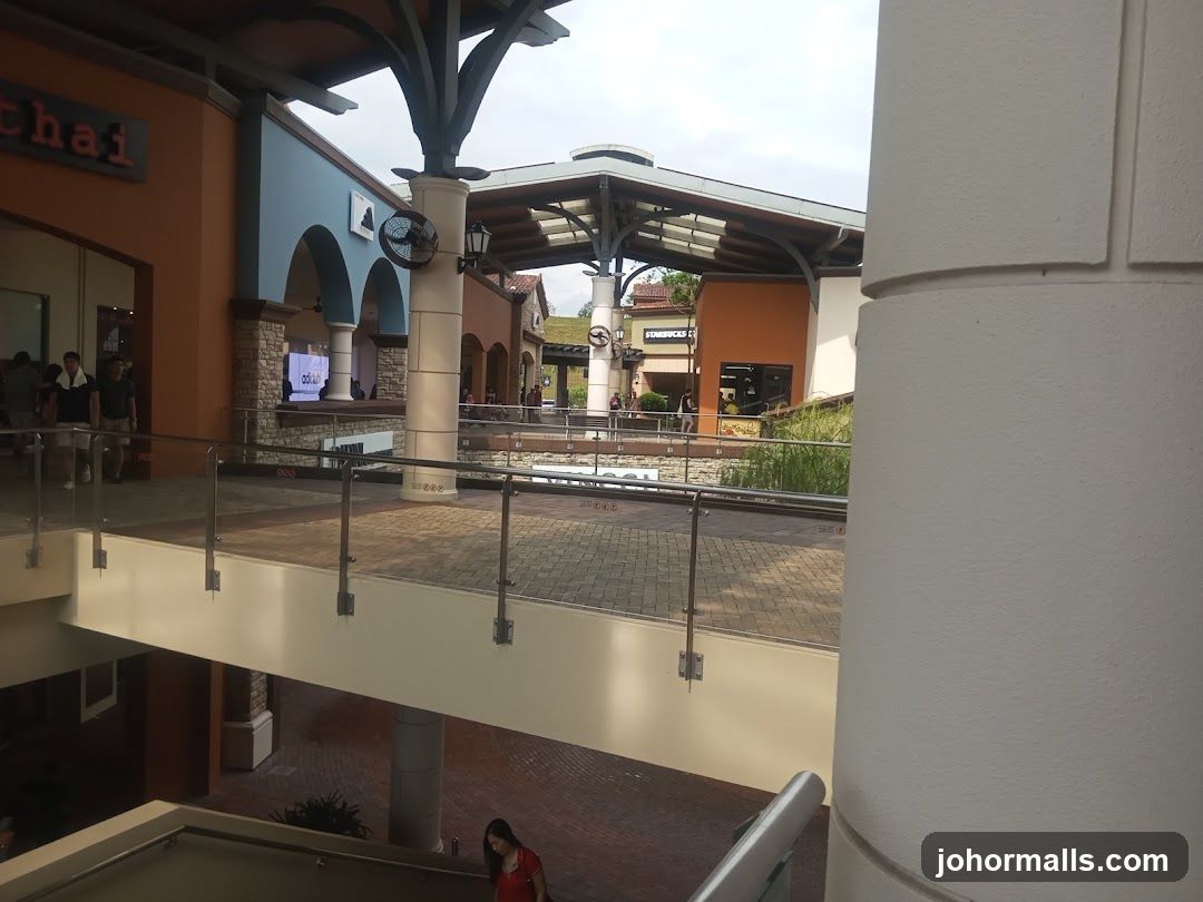 Outdoor shopping area with various storefronts