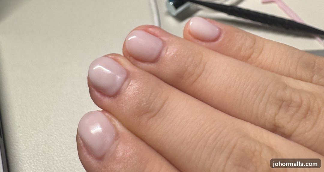 Close-up of a hand with light pink gel nails