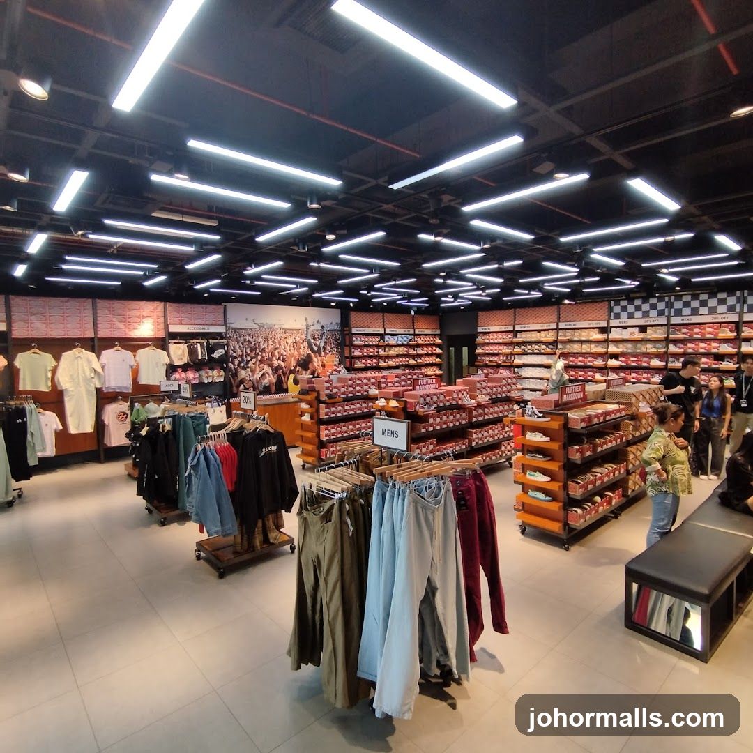 Clothing store interior with apparel and shoes