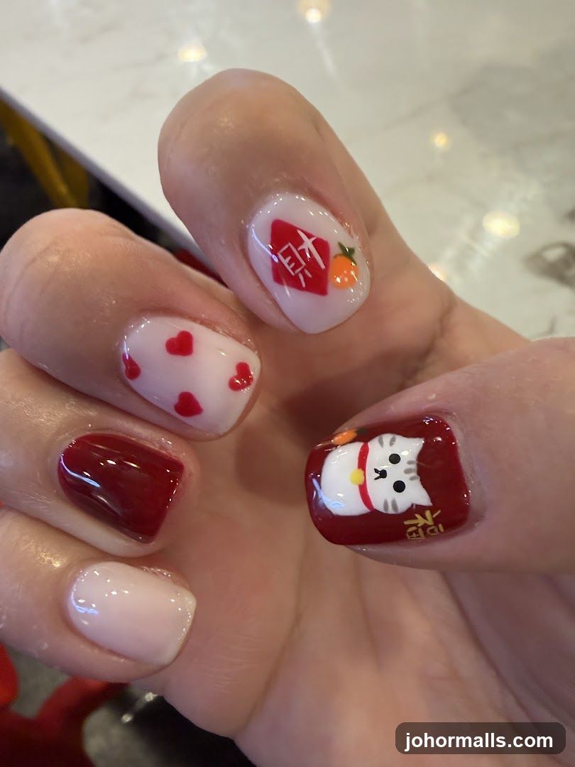 Nail Art with Lucky Cat and Chinese Characters