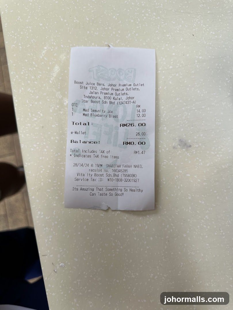 Boost Juice Bars Receipt