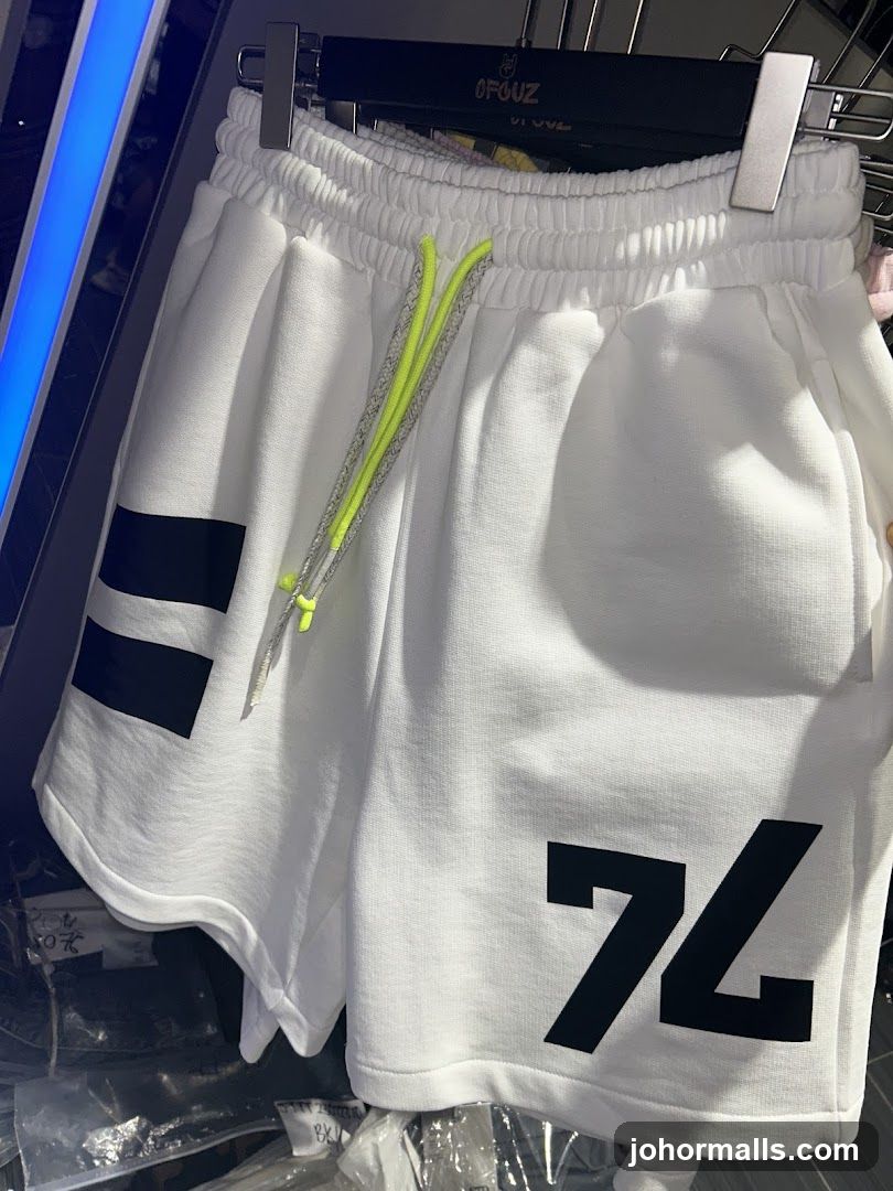 White shorts with black graphic print
