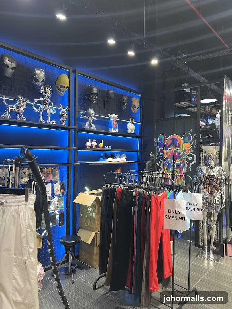 Clothing store interior with display shelves and racks