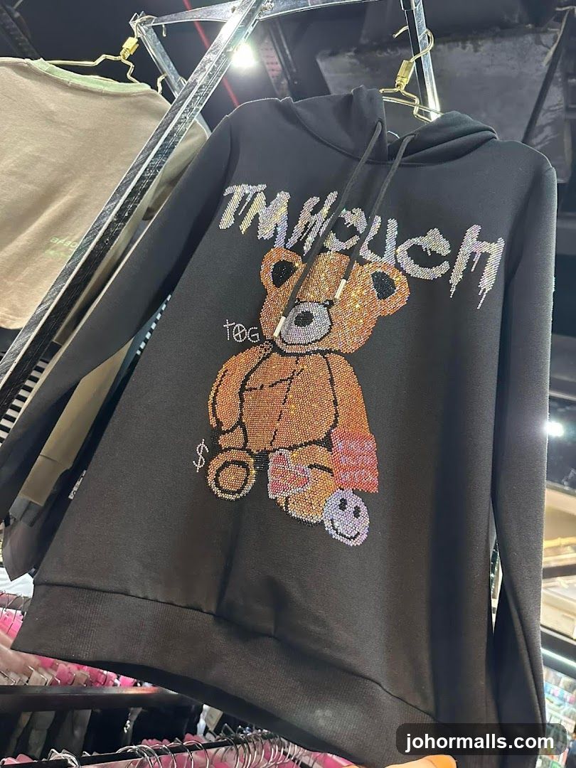 Black Hoodie with Embellished Teddy Bear Design