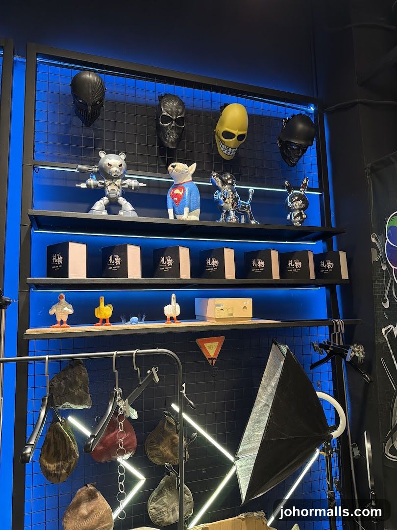 Display shelves with various items