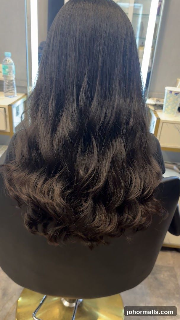 Woman's freshly styled dark wavy hair