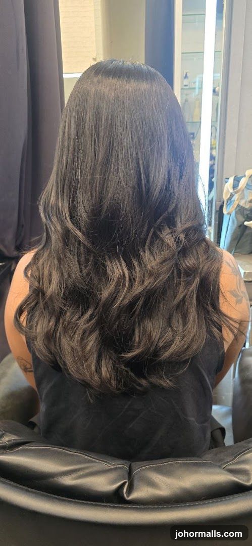 Woman's freshly styled dark hair