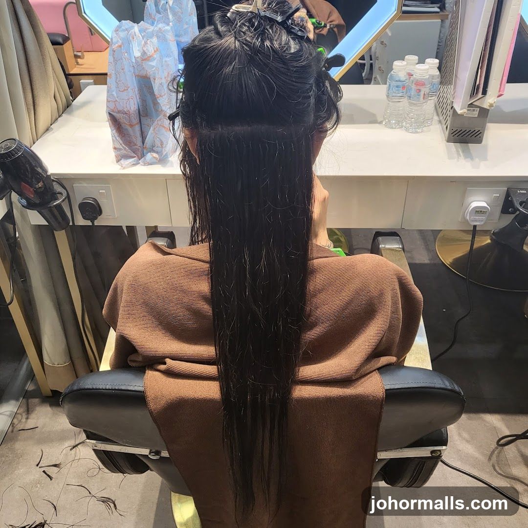 Hairdresser applying hair extensions