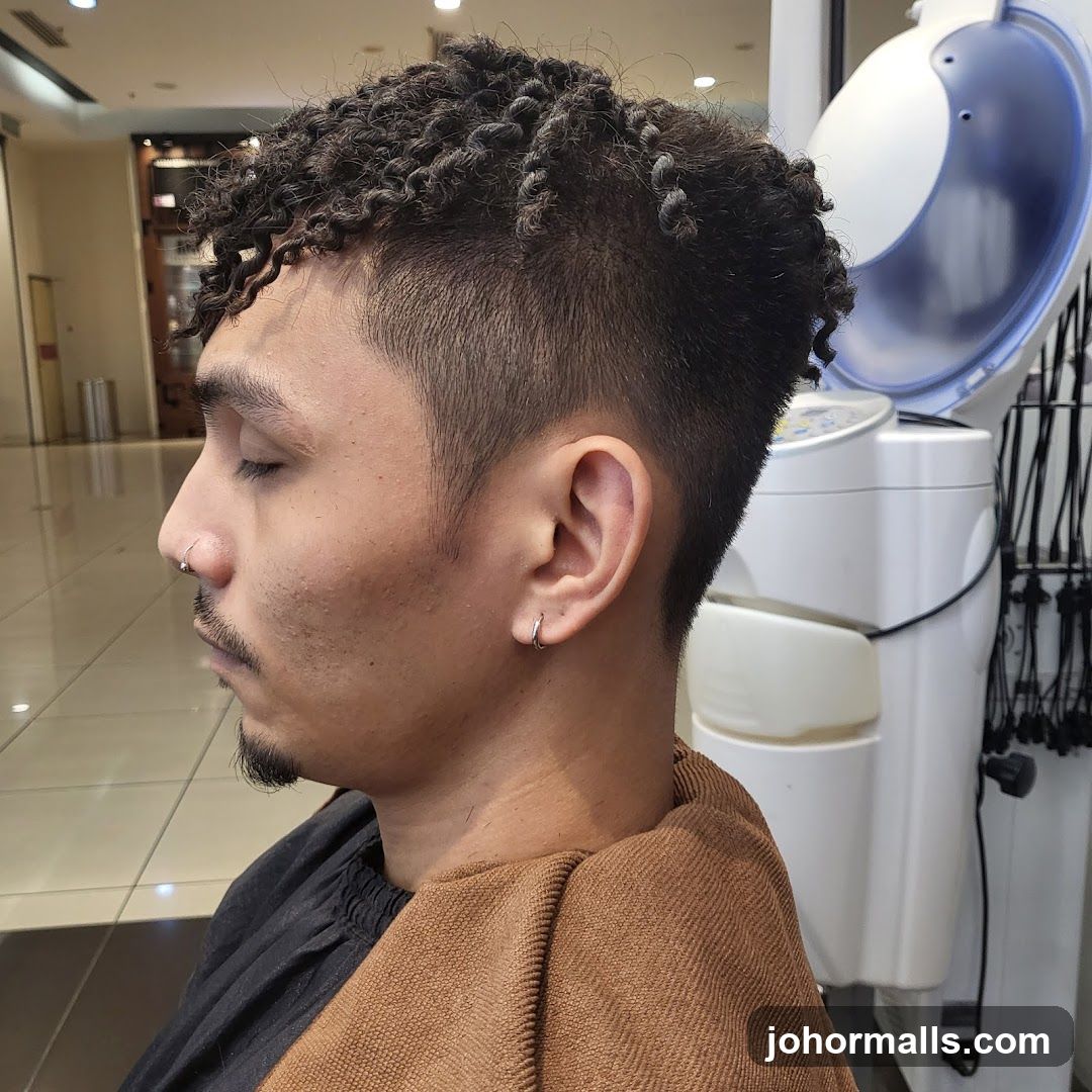 Man with styled hair under a hair steamer