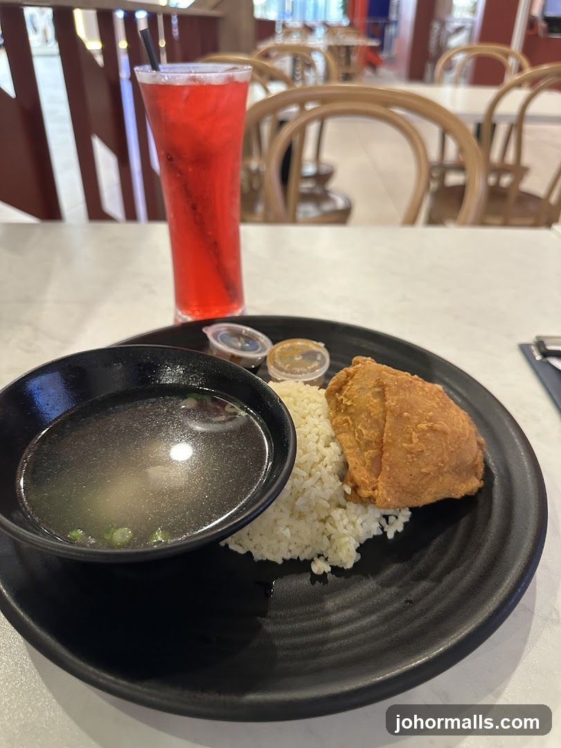 Fried Chicken Rice with Soup and Drink
