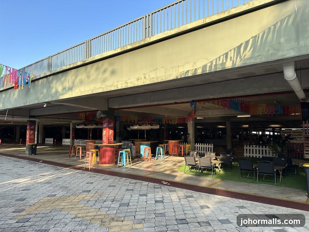 Outdoor seating area with colorful decorations