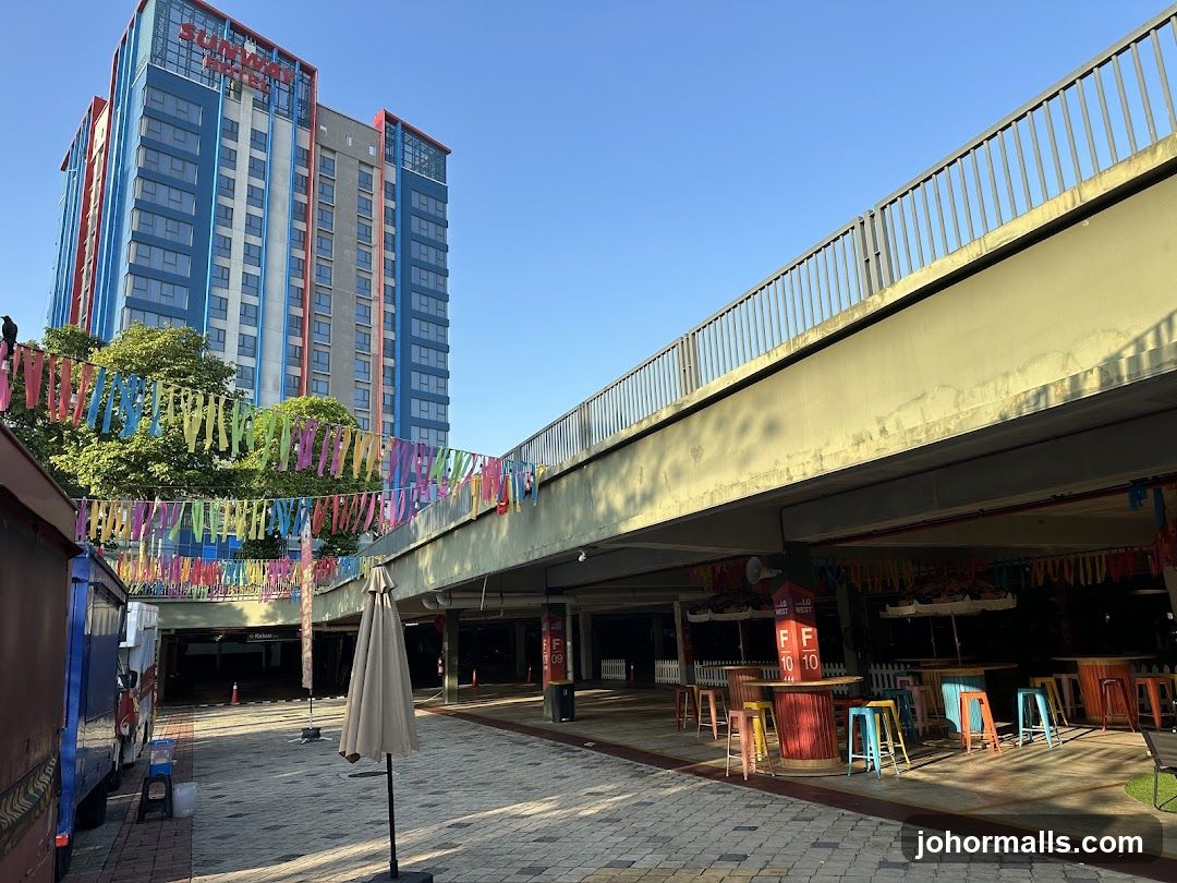 Outdoor seating area with colorful decorations