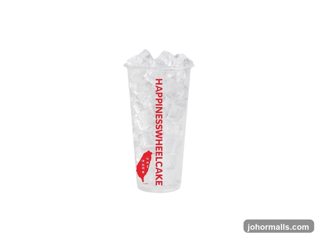 Clear plastic cup with ice and red text
