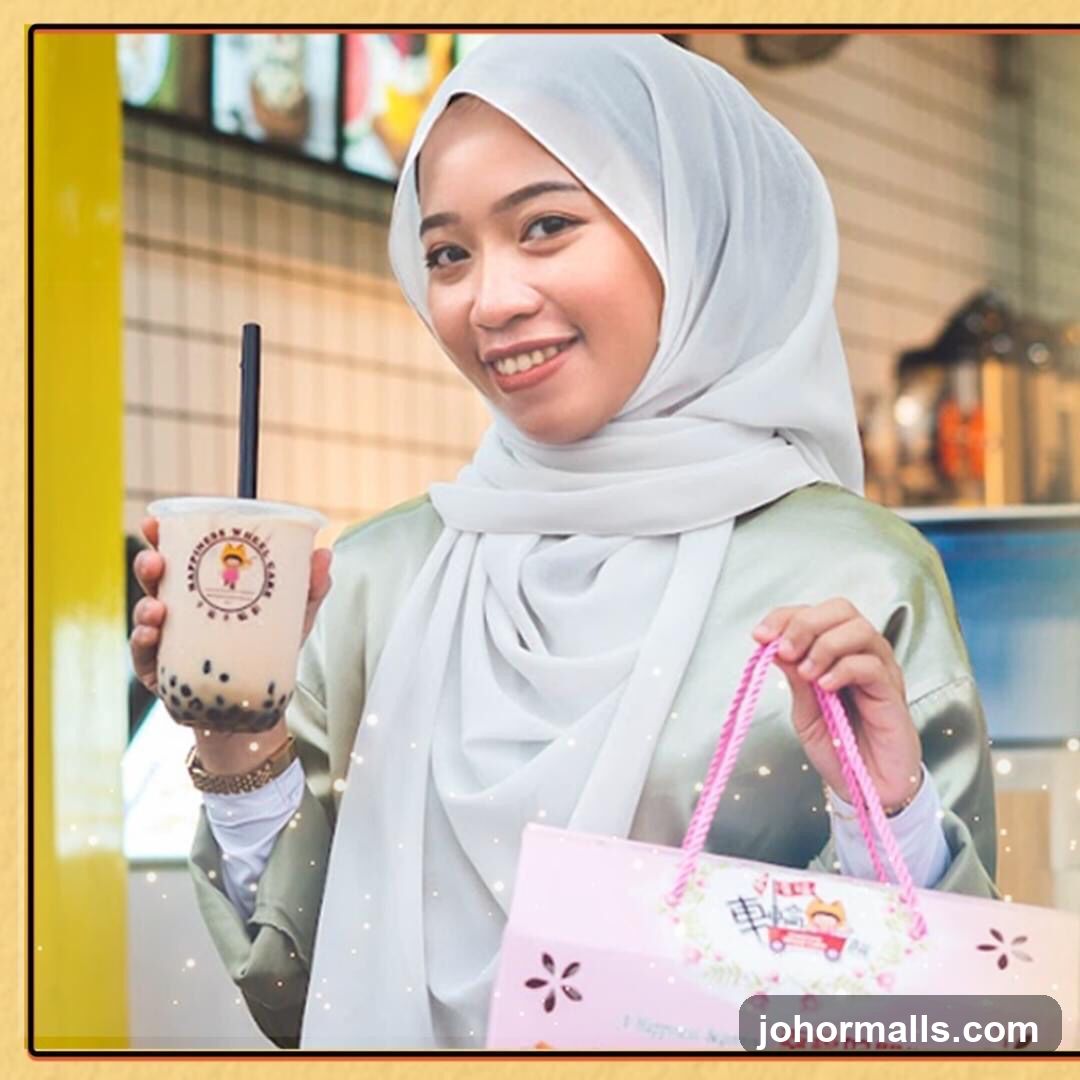 Woman with Bubble Tea and Gift Bag