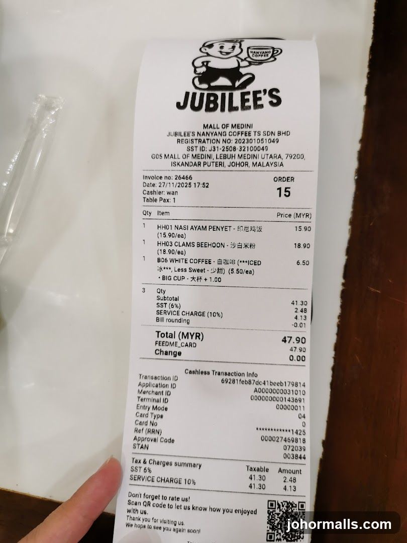 Receipt from Jubilee's Nanyang Coffee