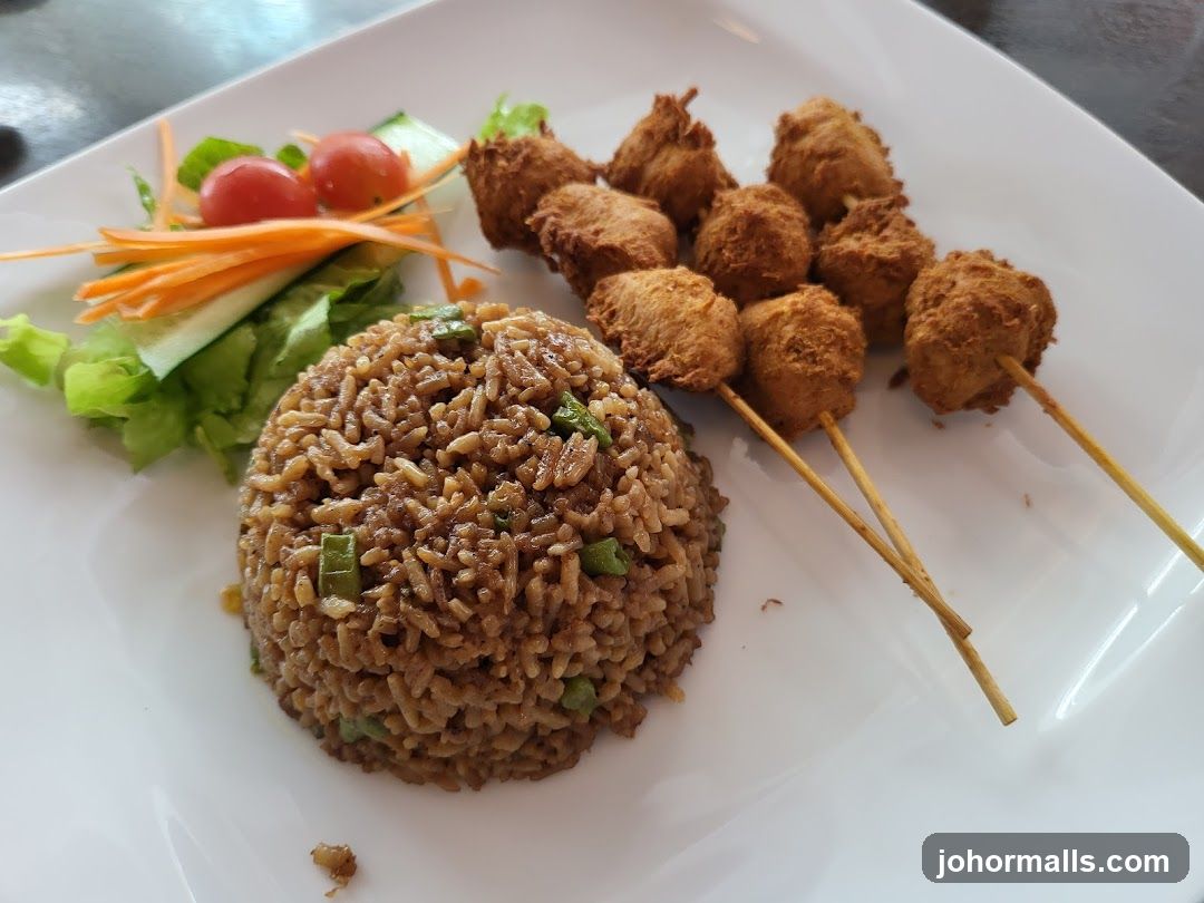 Fried Rice with Skewered Bites and Salad