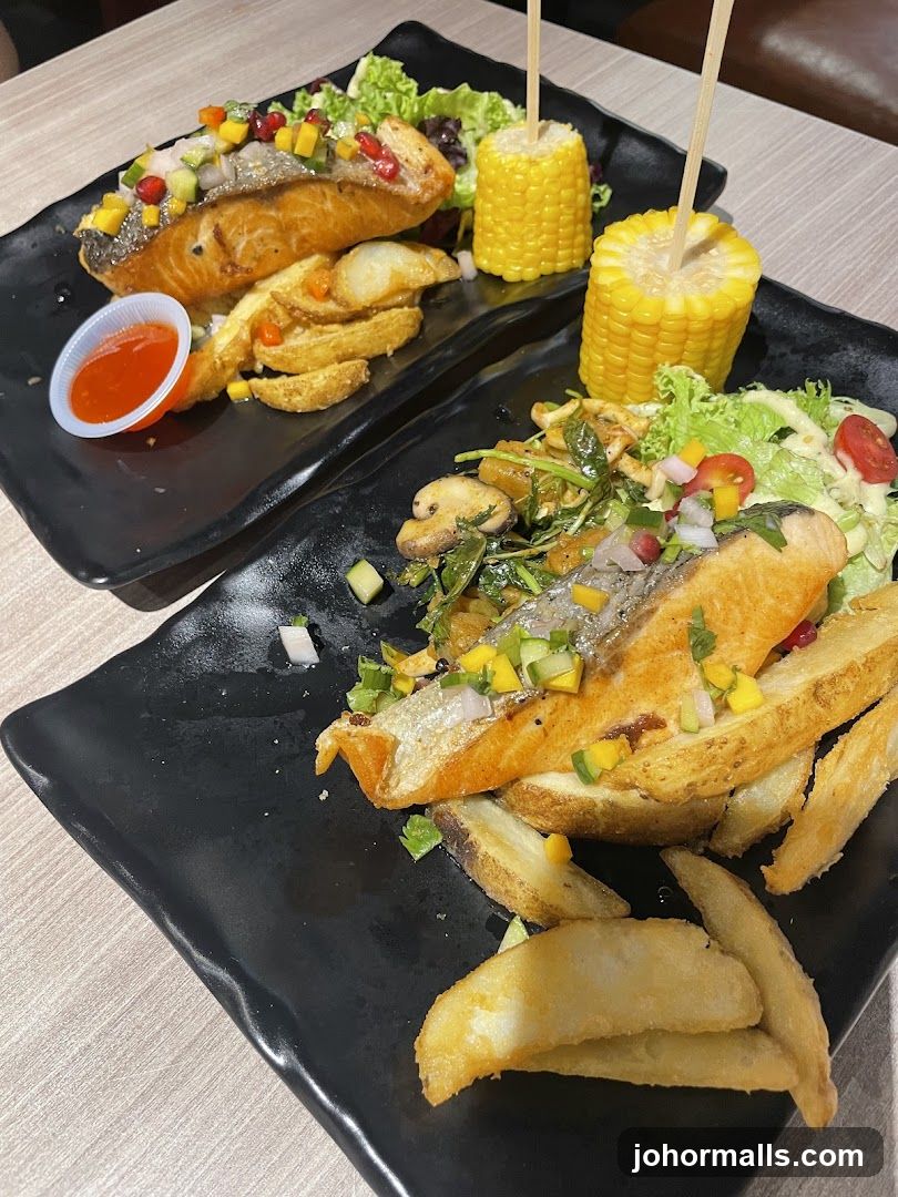 Salmon with Fries and Corn