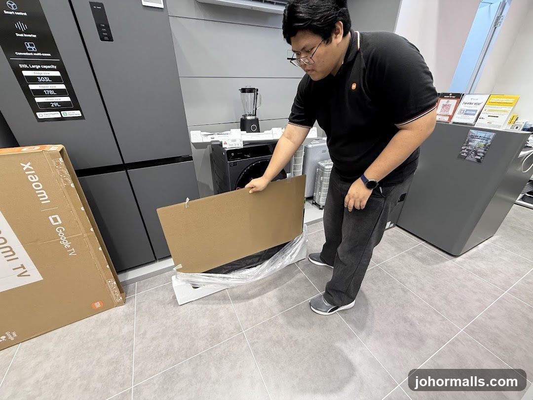 Man examining a TV box