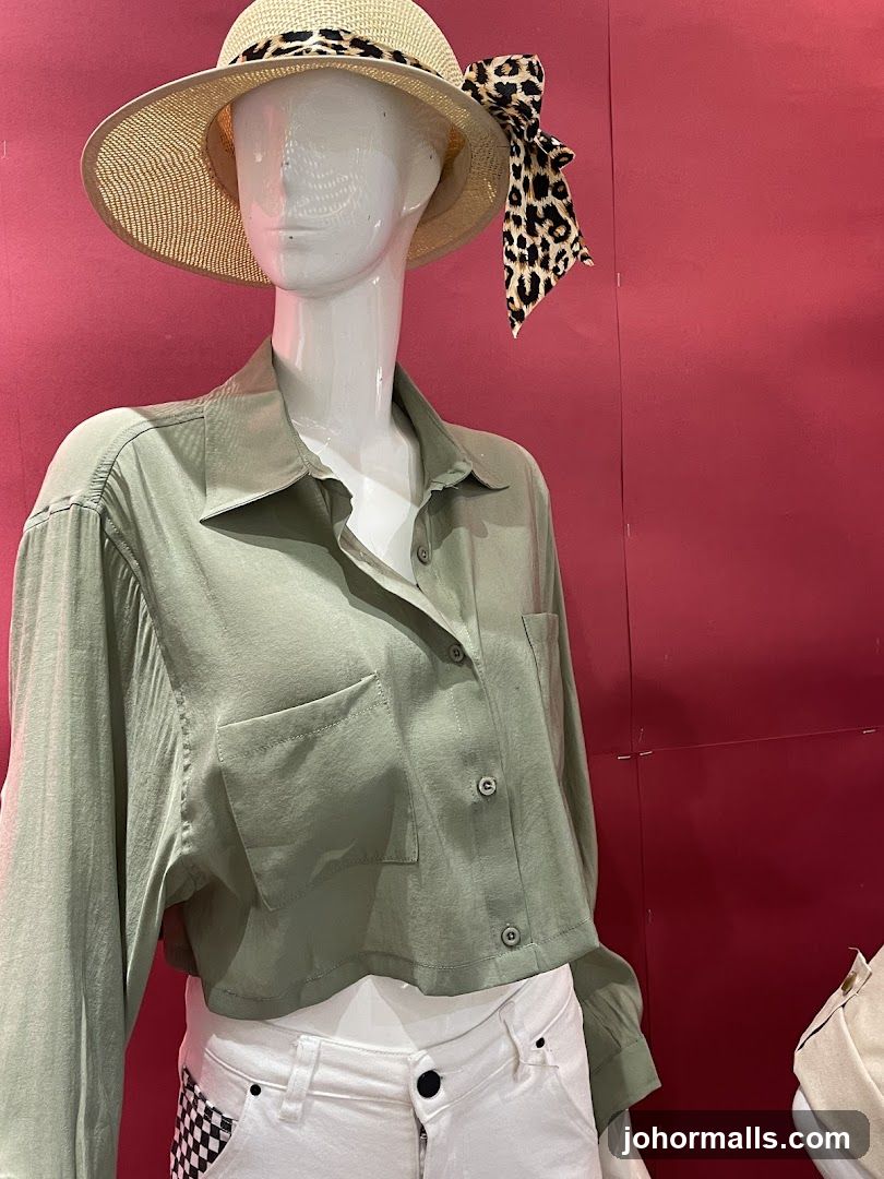 Mannequin wearing a green shirt and white pants