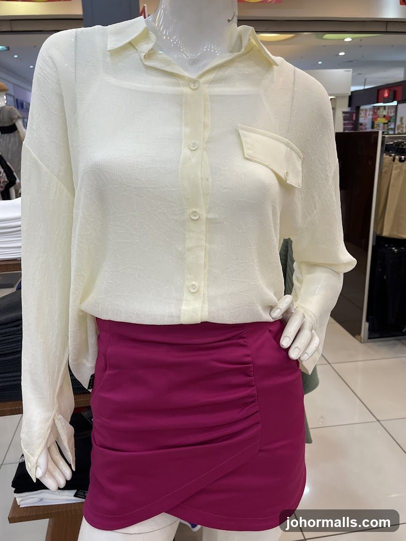 Mannequin wearing a cream blouse and magenta skirt
