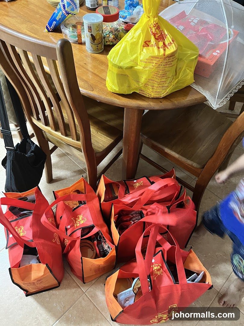 Bags of food items on the floor and table