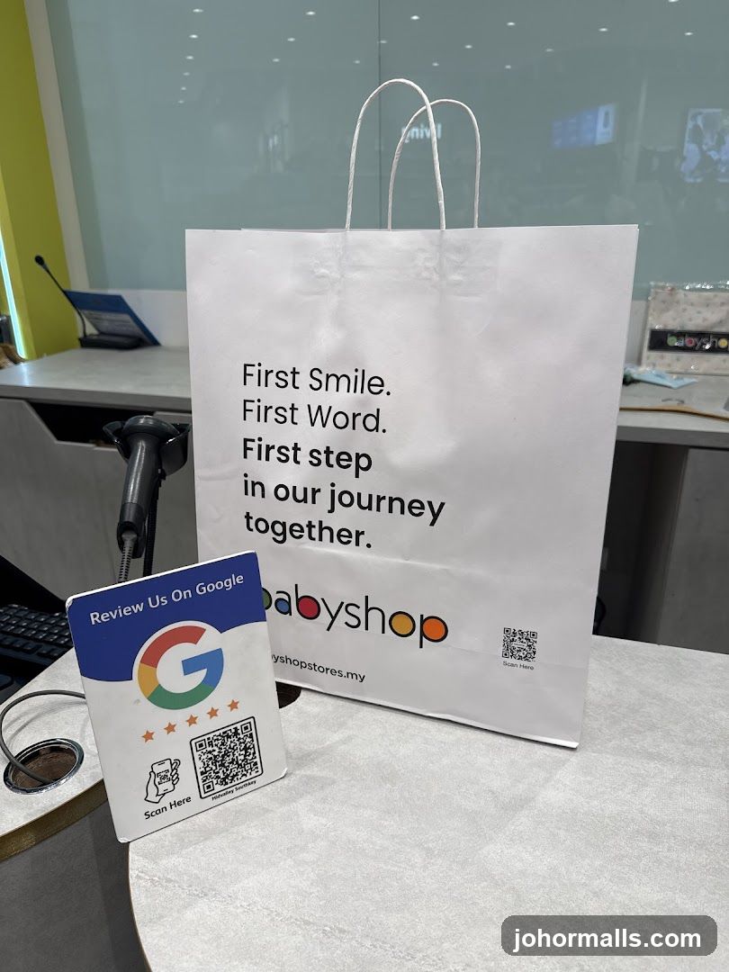 Babyshop branded shopping bag and Google review stand