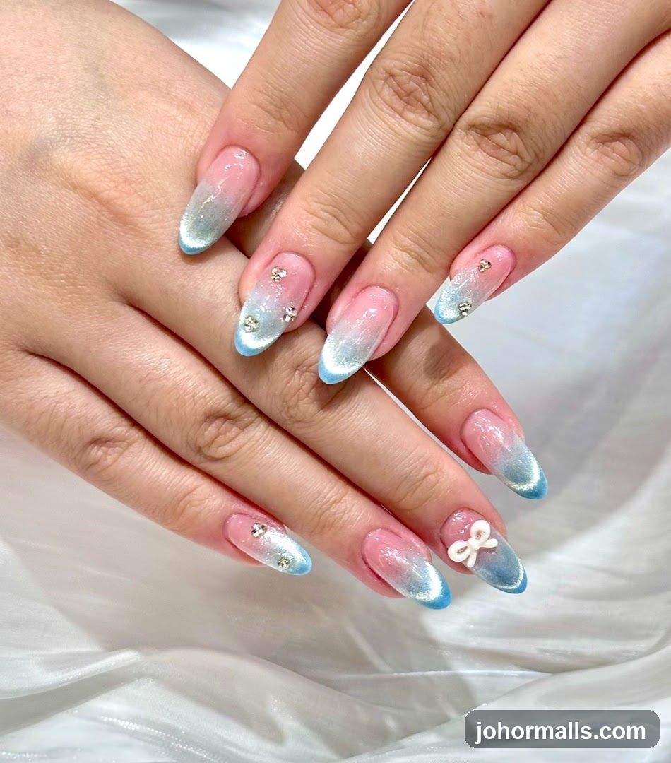 Ombre Nails with Rhinestones and Bow