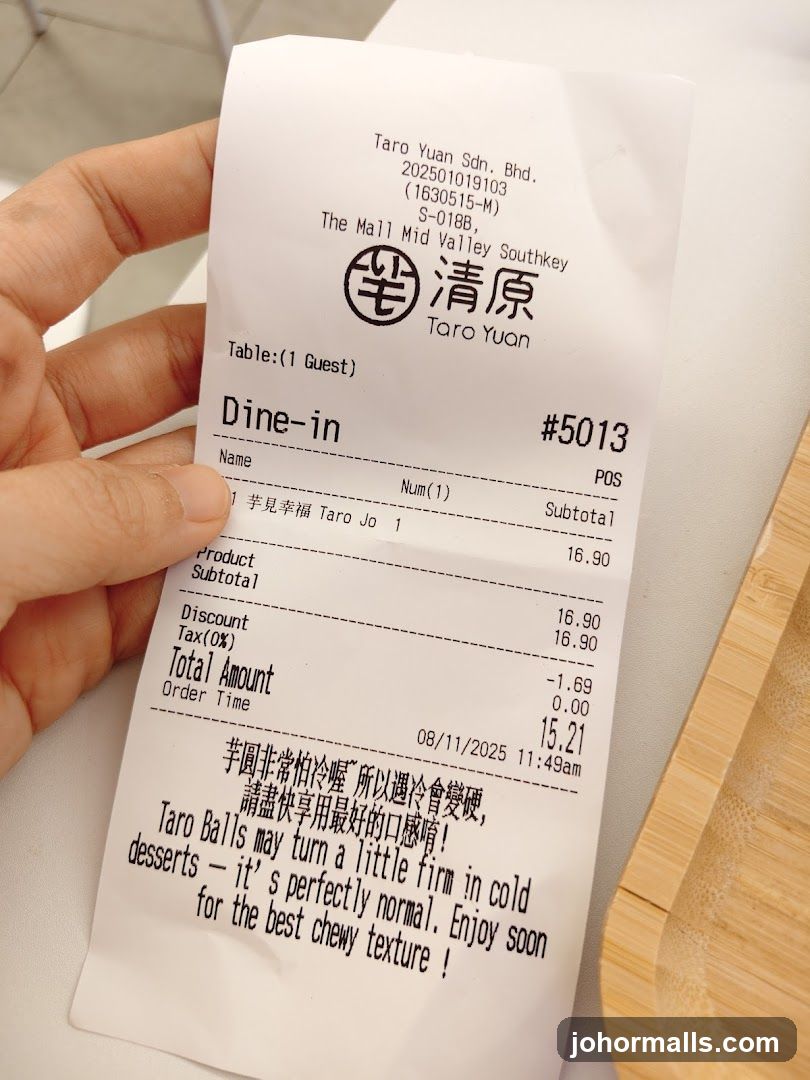 Taro Yuan Receipt