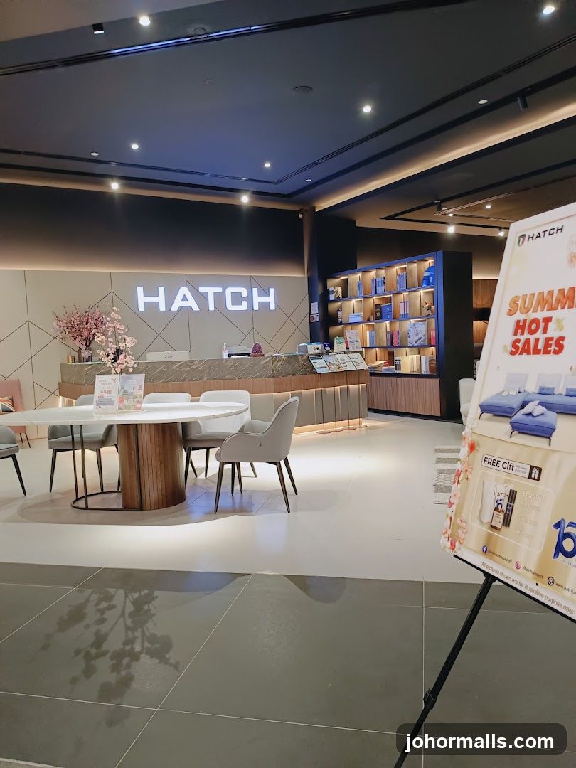 Interior of a store with a reception desk and display shelves