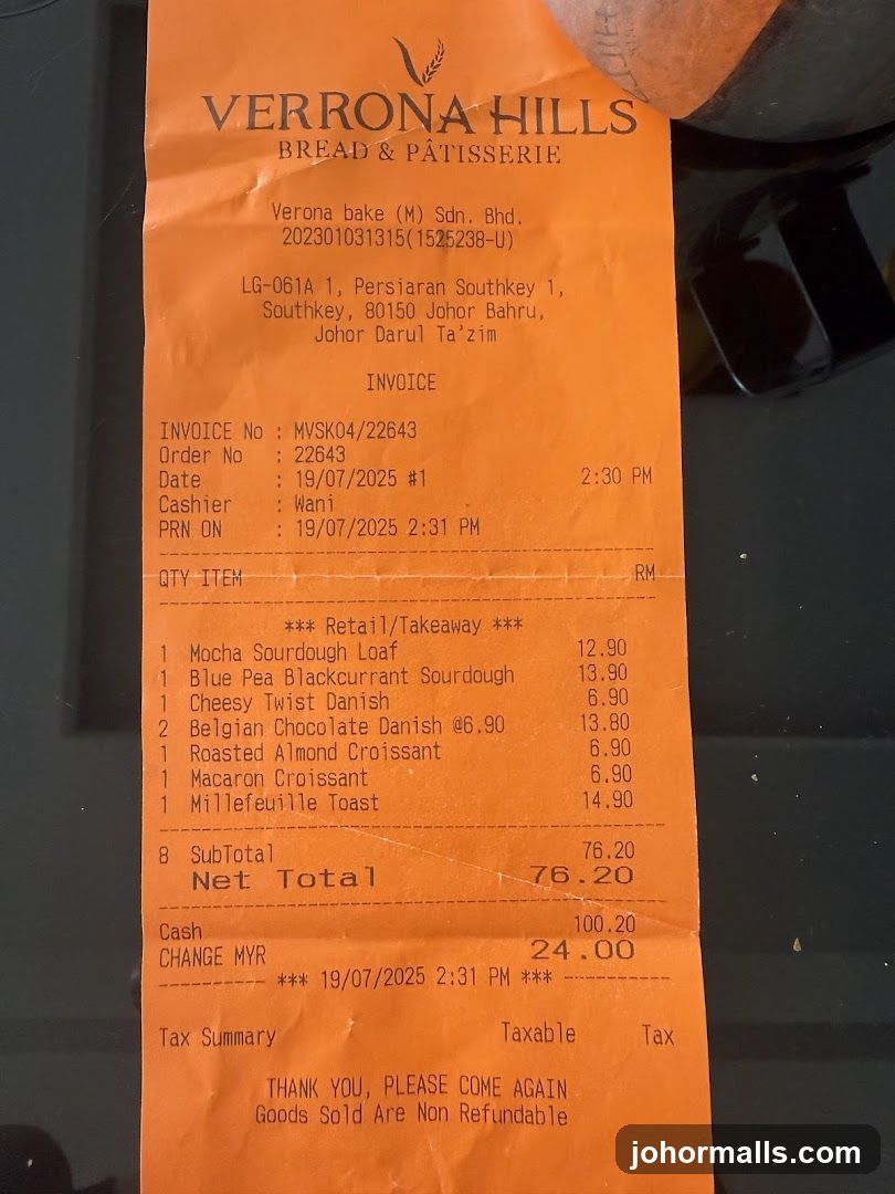 Receipt from Verona Hills Bread & Patisserie