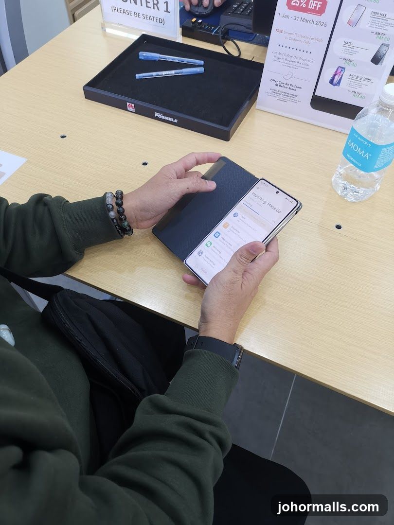 Customer using a smartphone at a counter