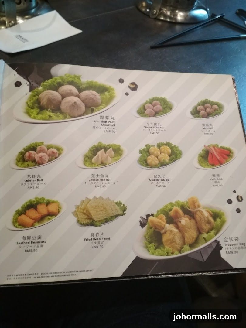 Menu with various food items