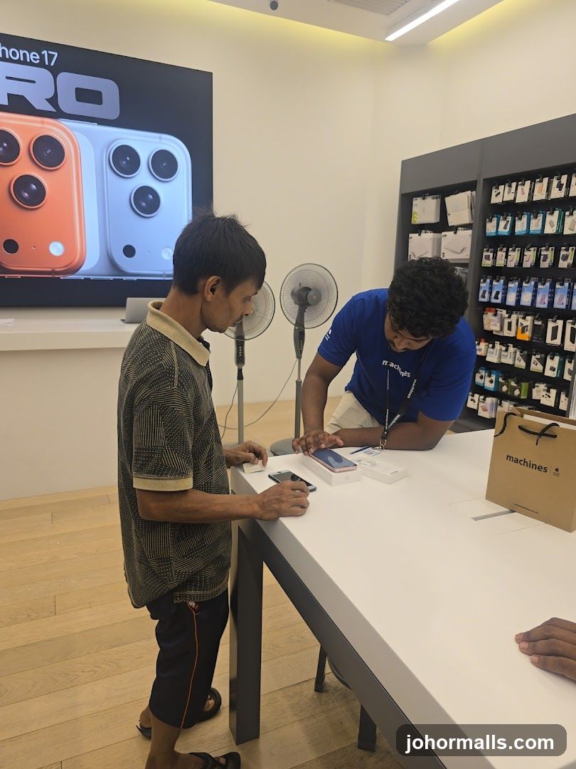 Customer interacting with staff in electronics store
