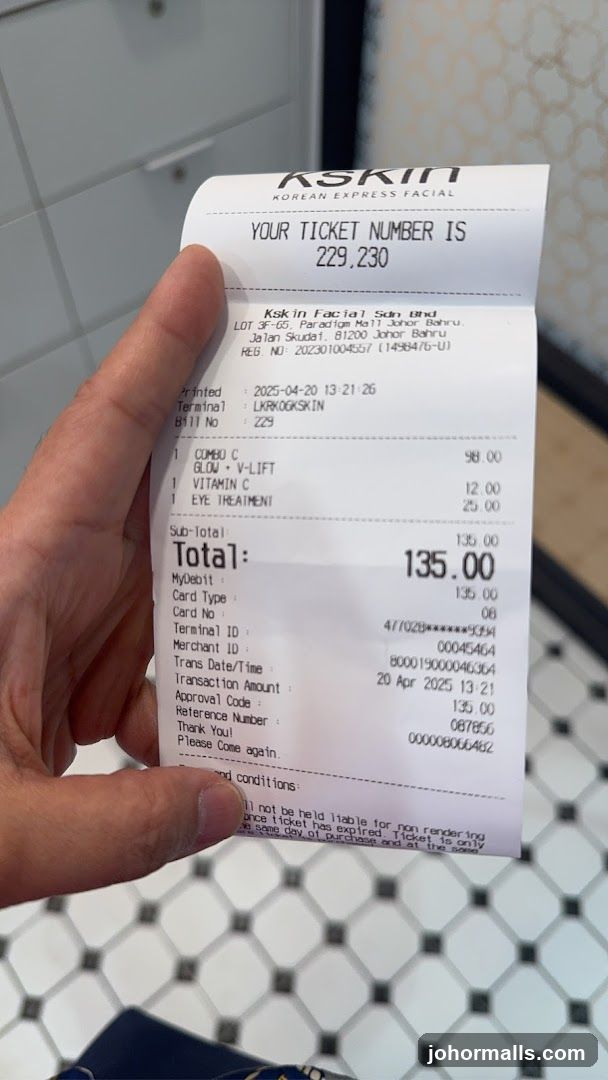 Receipt from Kskin Korean Express Facial