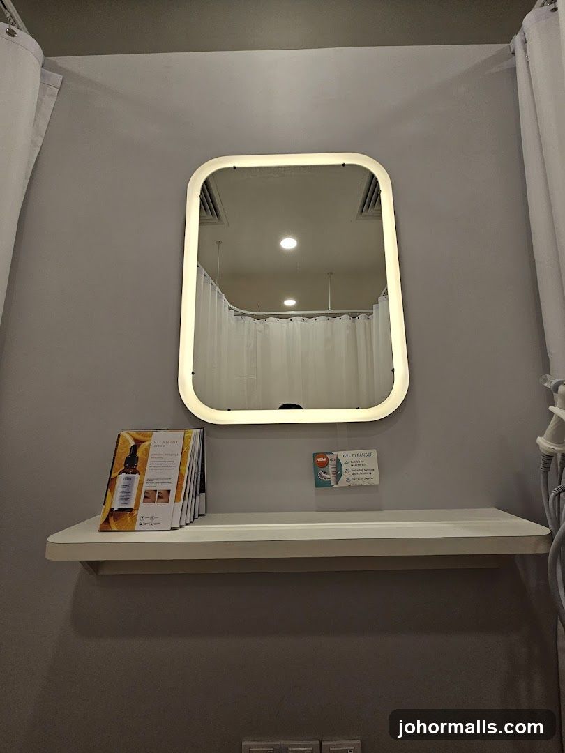 Shelf with Mirror and Product Information
