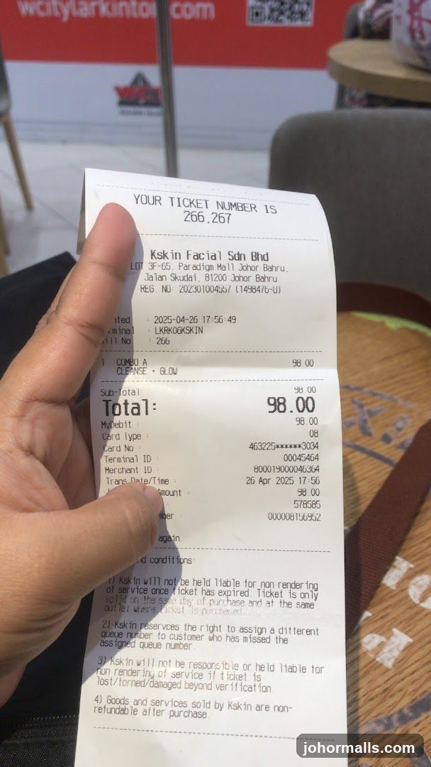 Receipt from Kskin Facial Sdn Bhd