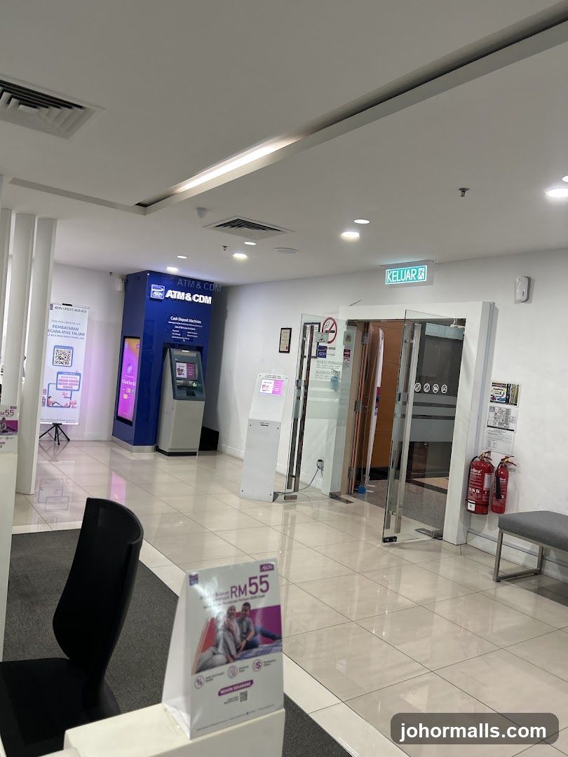 Bank Interior with ATMs and Exit Sign