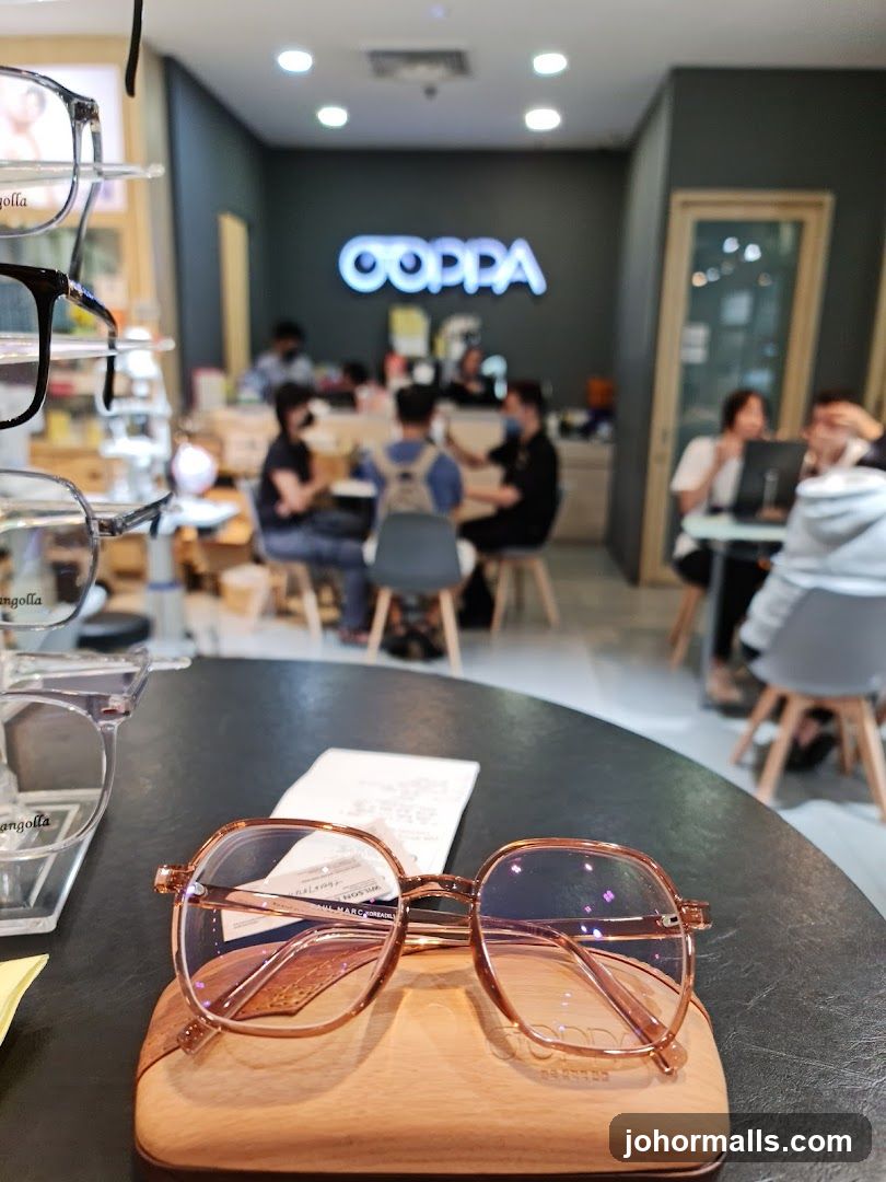 Eyeglasses on a table in a store