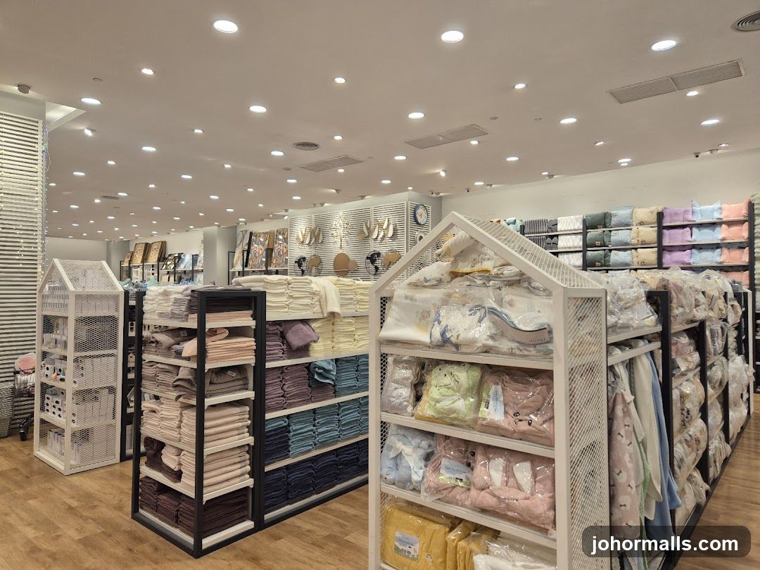 Store Interior with Shelves of Folded Textiles and Packaged Baby Clothes