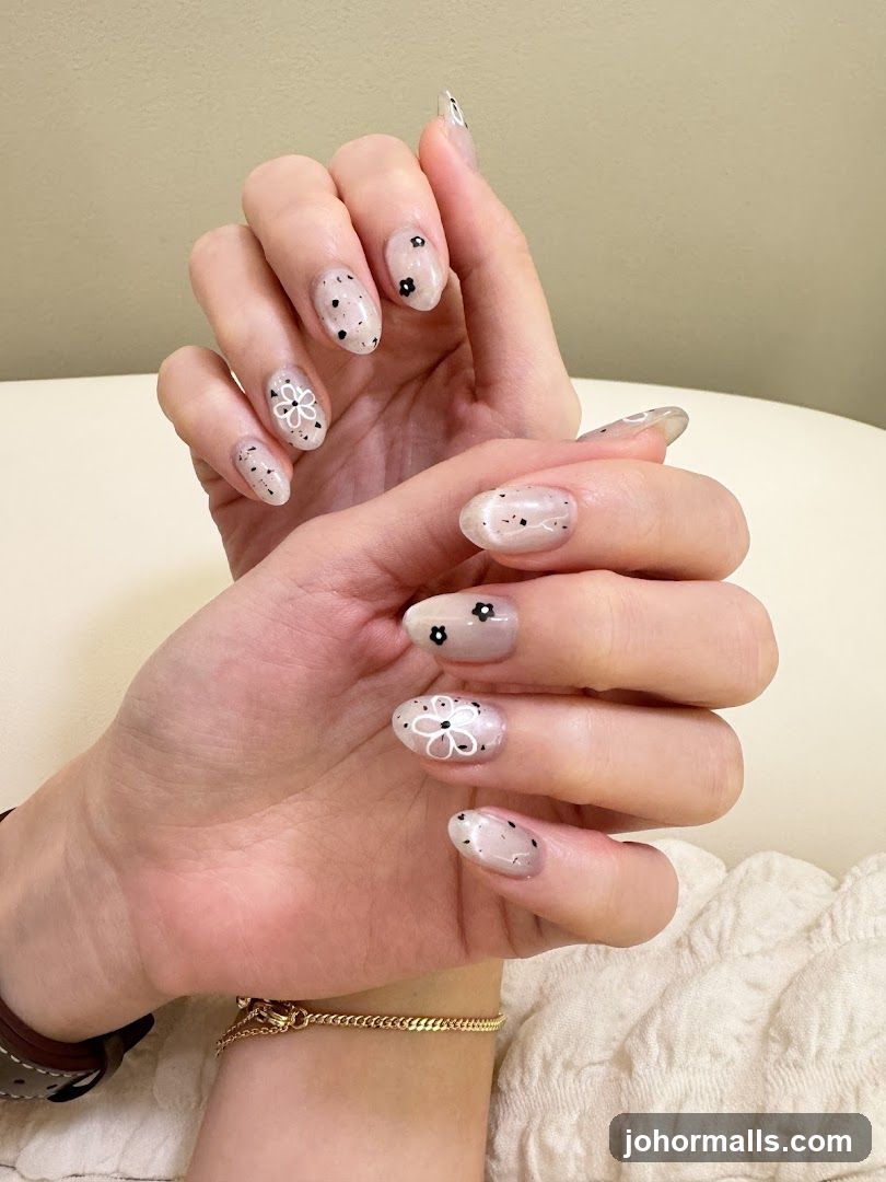 Nails with floral and speckled design
