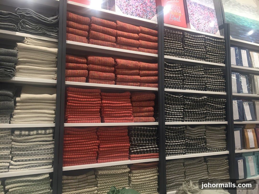 Shelves of folded textiles