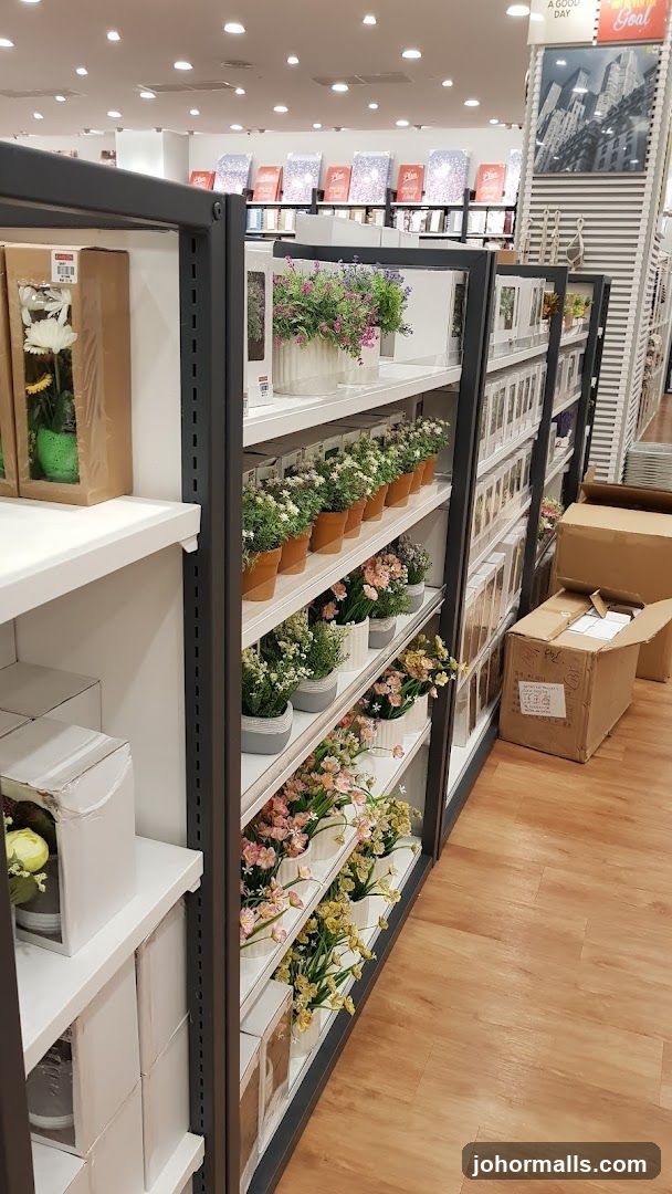 Shelves of artificial plants and decorative items