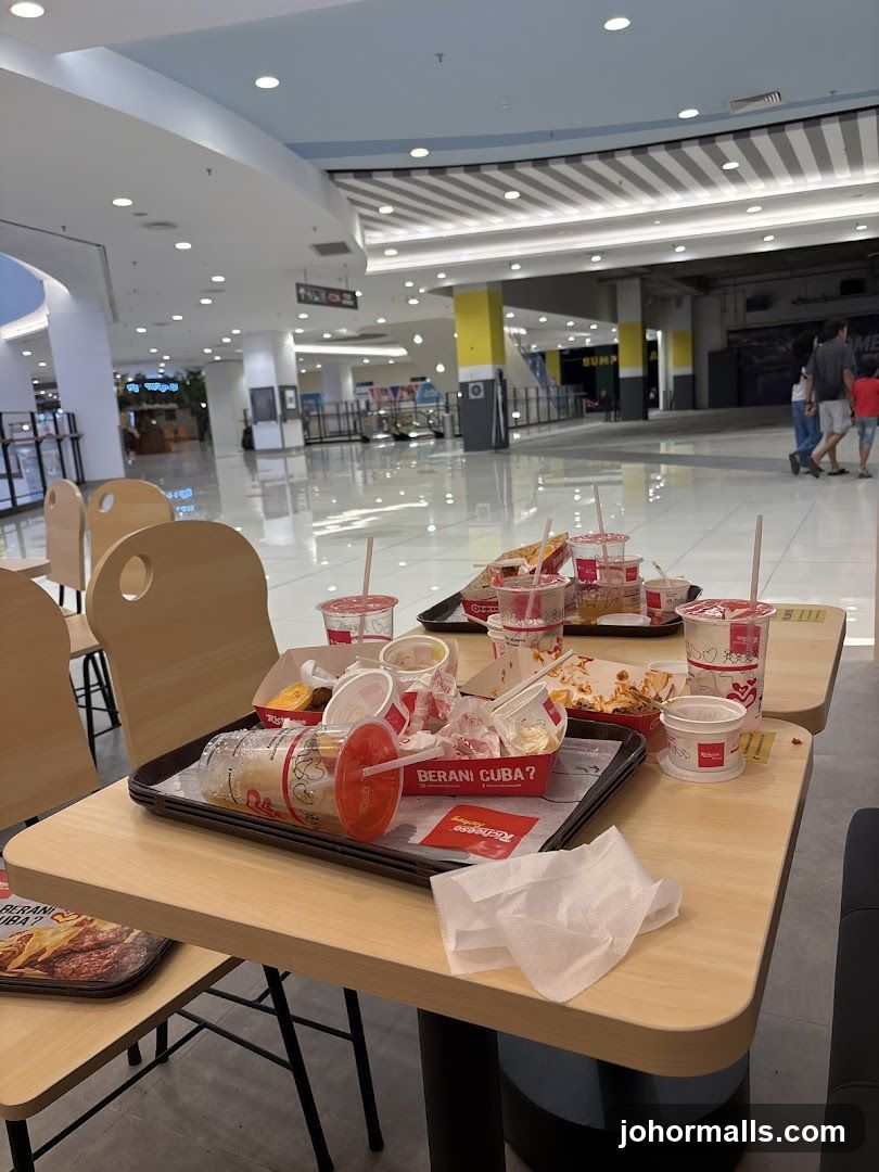 Messy Food Trays in a Mall Food Court