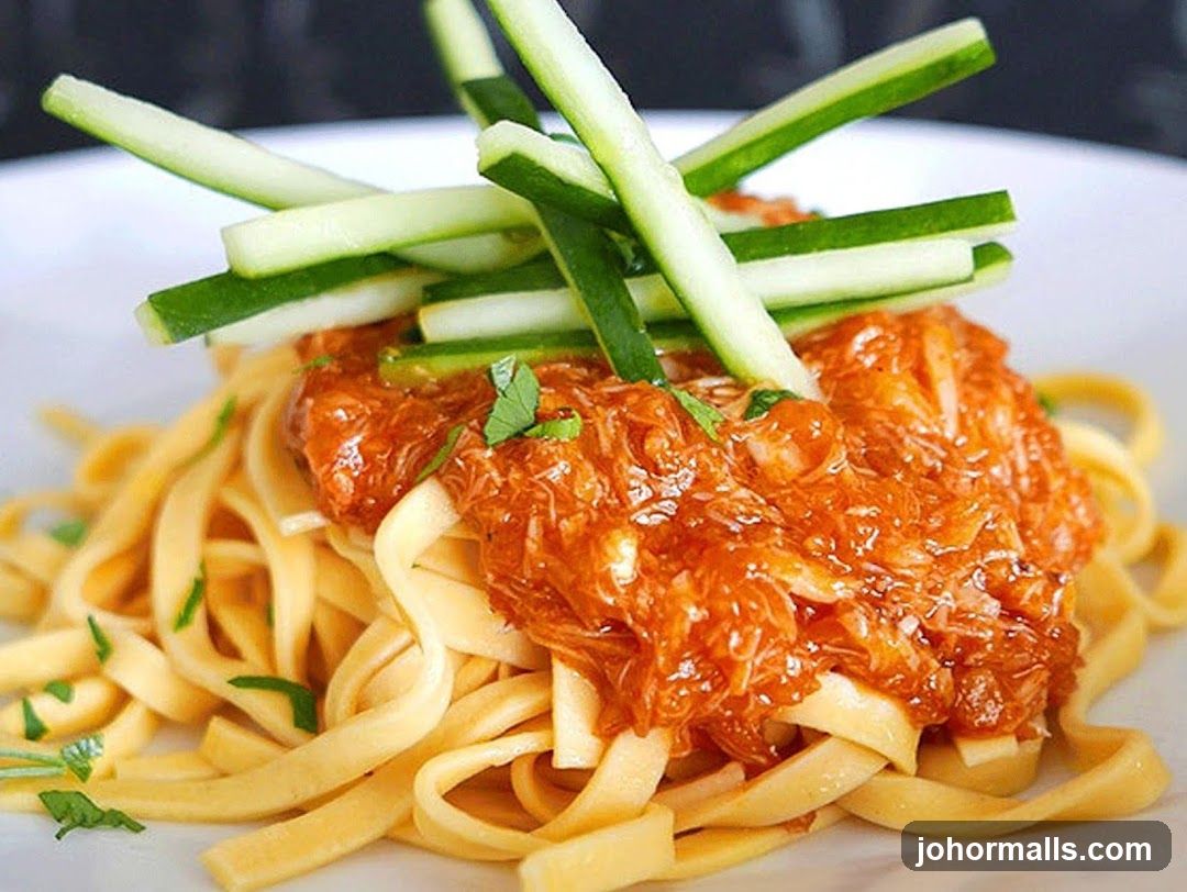 Pasta with Shredded Meat and Cucumber Ribbons
