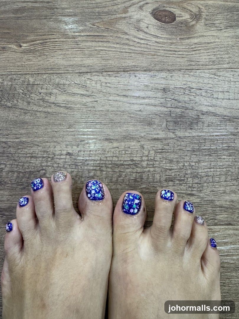 Pedicure with Blue and Glitter Polish