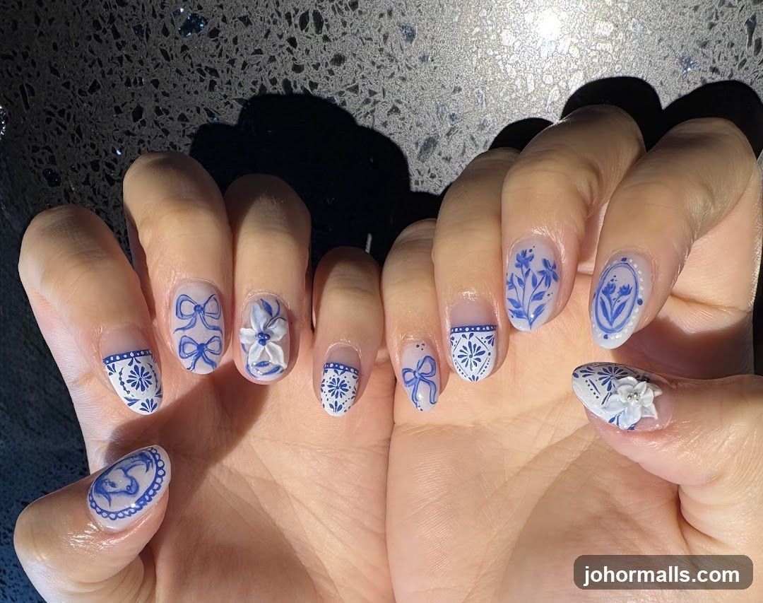 Nail Art with Blue and White Floral and Bow Designs