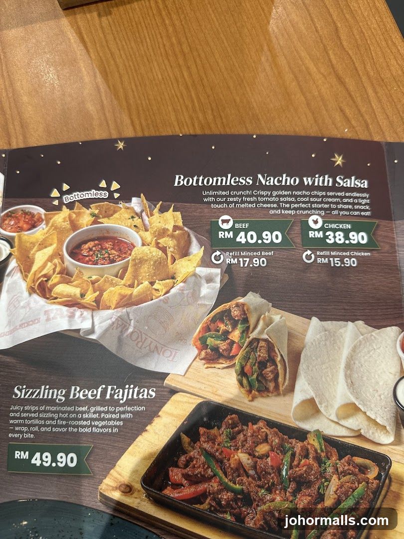 Bottomless Nacho with Salsa & Sizzling Beef Fajitas