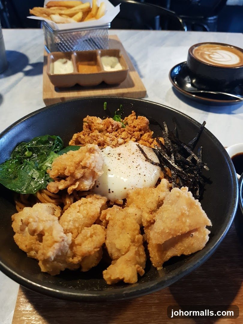 Fried Chicken Noodles with Egg and Fries
